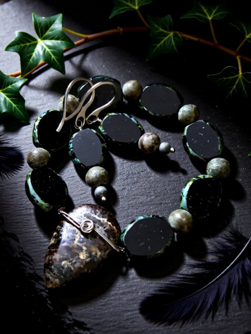 SET: Bracelet + Earrings - Rugged Stone - Gray Black - Goth Grunge Punk Darkwave